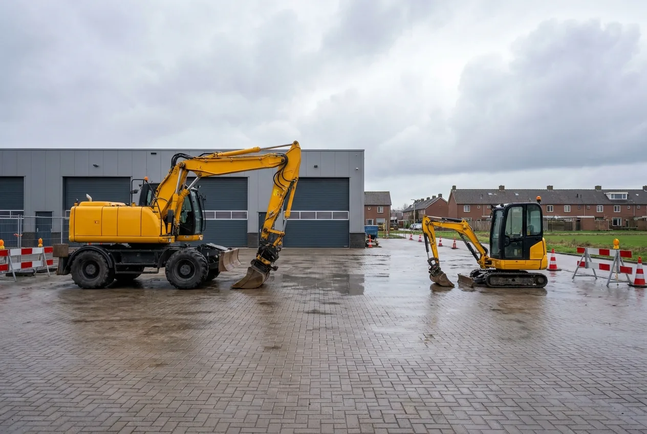 Werk uitbesteden 2 Mobiele graafmachine en minigraver op een terrein voor een bedrijfshal