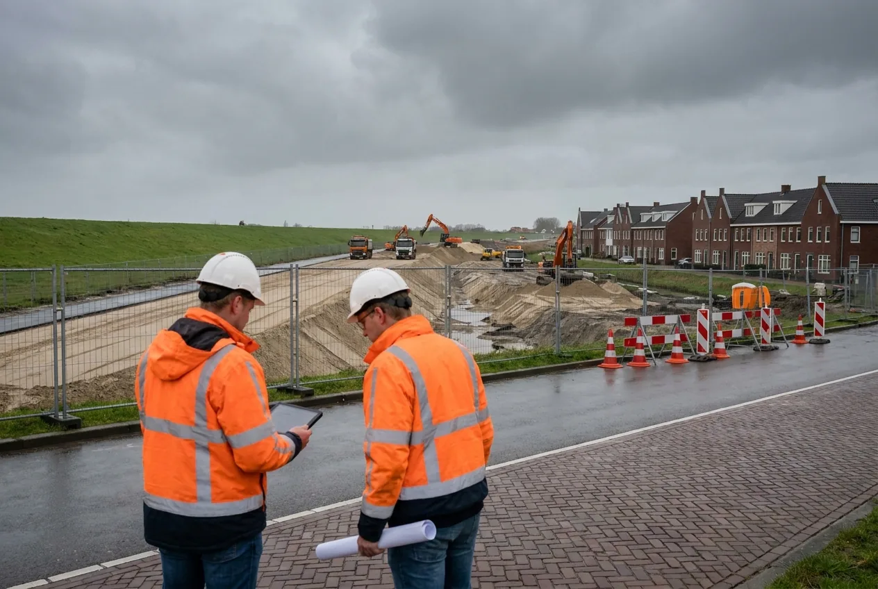 Twee mensen in veiligheidskleding overleggen met tablet en tekening bij een infrawerk