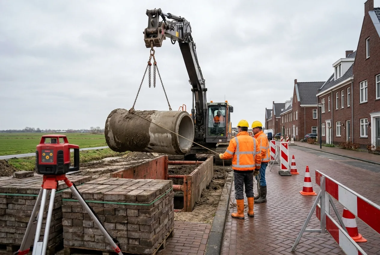 Koparka opuszcza betonową rurę kanalizacyjną na łańcuchach do zabezpieczonego wykopu