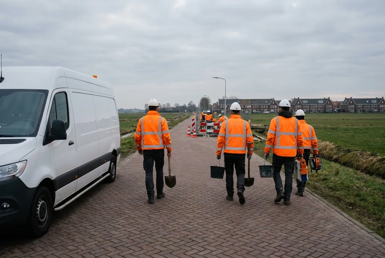 Vier vakmensen lopen met gereedschap van de bus naar het werk